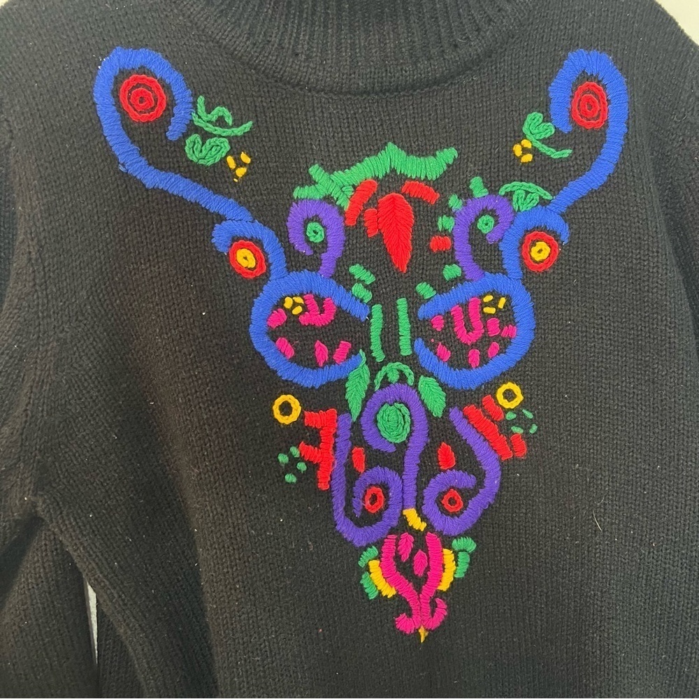 Vintage Embroidered Colorful Knit Sweater Holiday Turtleneck Funky Artsy Retro - Picture 3 of 13